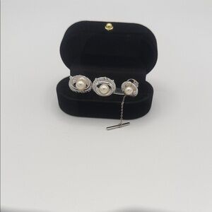 VTG Elegant Silverware stamped- cultured Pearl Cufflinks/pin set Japan made